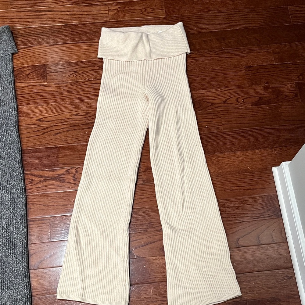 Aerie Cream Wide Leg Ribbed Pants knit